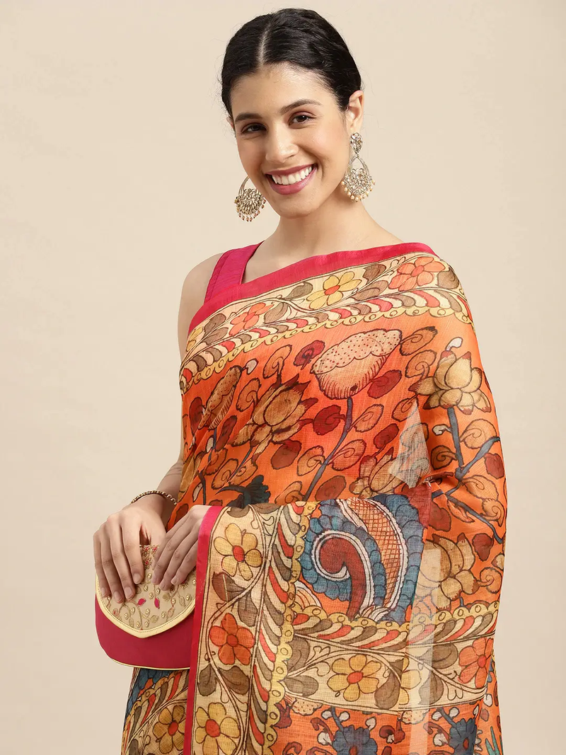 Beautiful Digital Print Kalamakri Design Soft Linen Saree