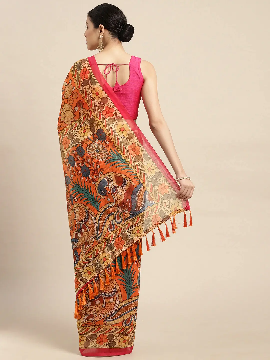 Beautiful Digital Print Kalamakri Design Soft Linen Saree