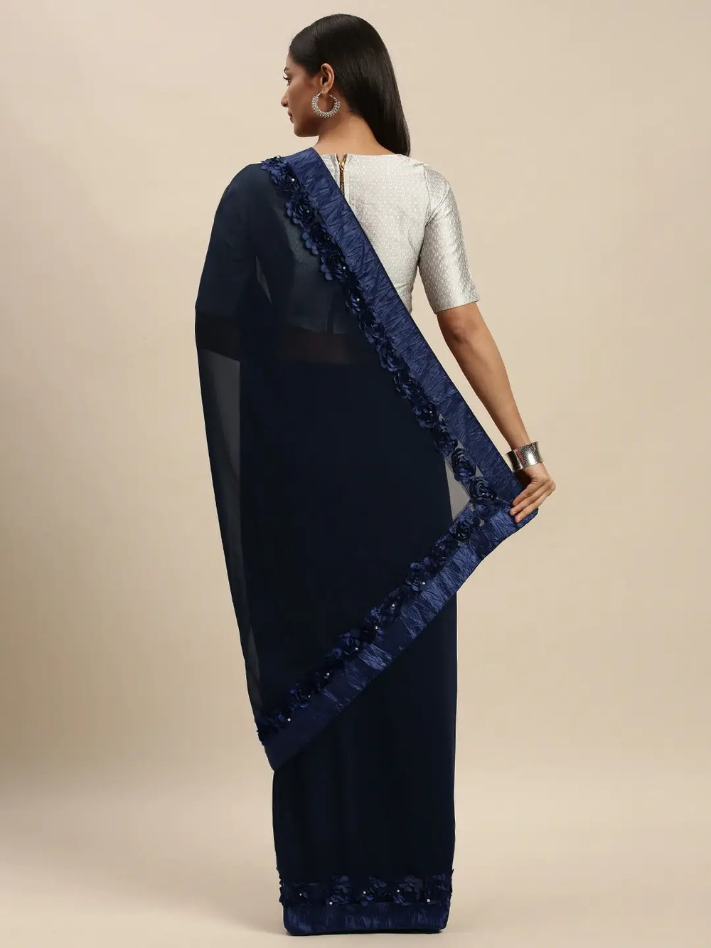 Ribbon Poly Georgette Party Wear Solid Saree
