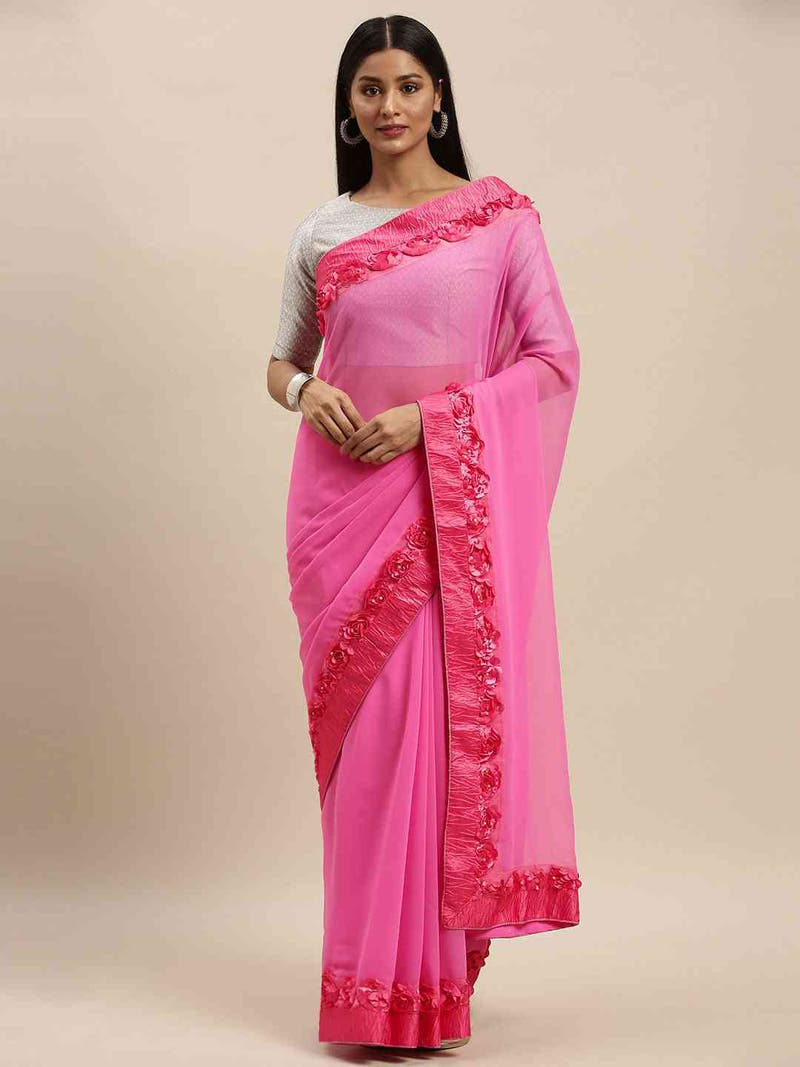Ribbon Poly Georgette Party Wear Solid Saree