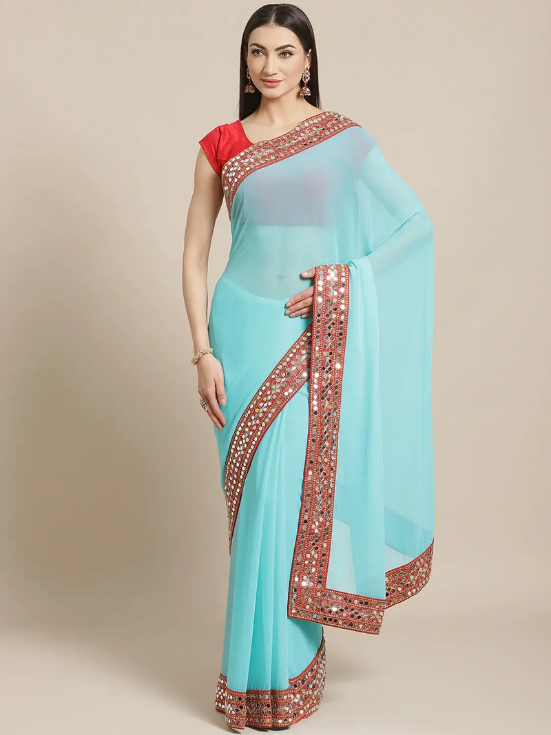 Exclusive Soft Georgette Real Mirror Work Border Party Wear Saree