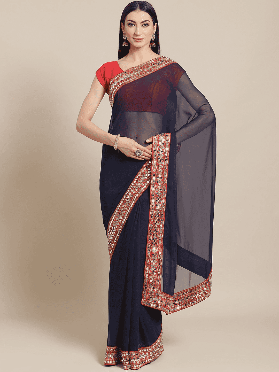Exclusive Soft Georgette Real Mirror Work Border Party Wear Saree