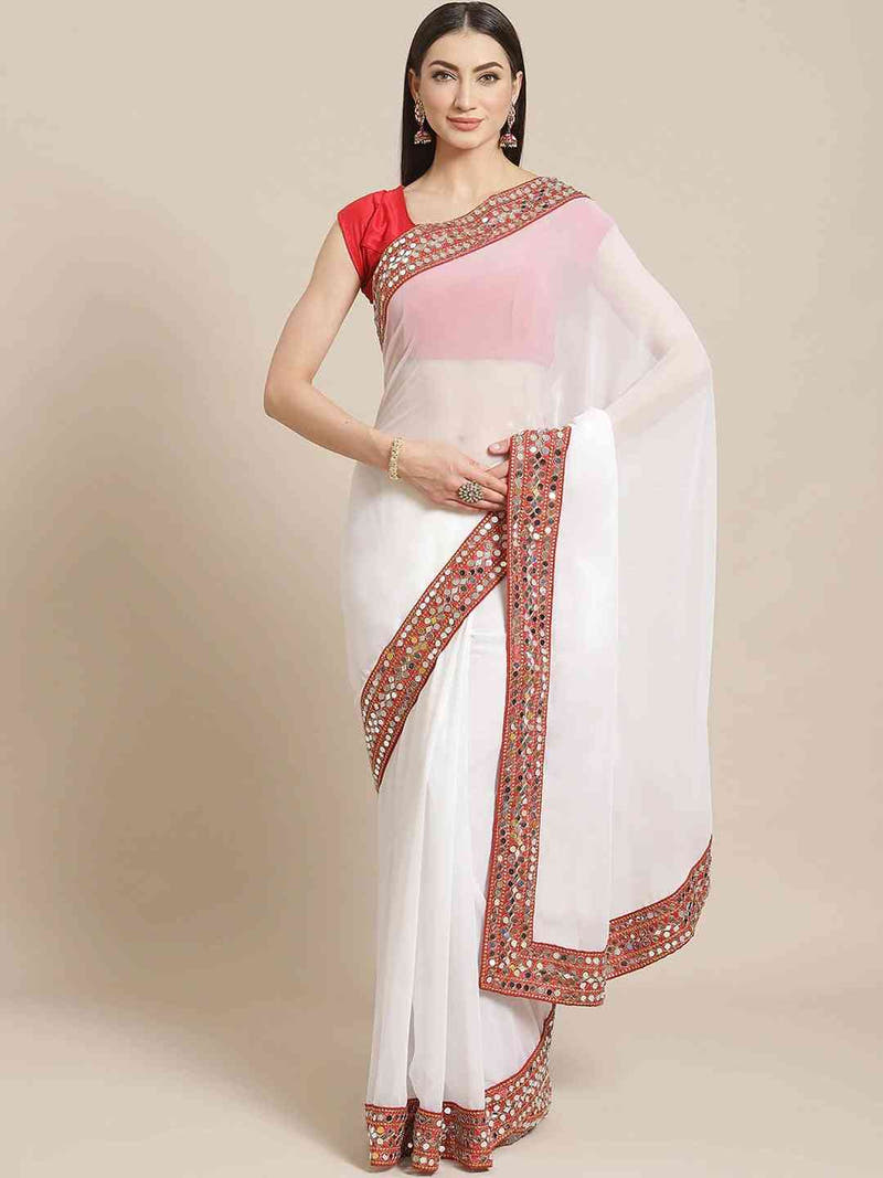 Exclusive Soft Georgette Real Mirror Work Border Party Wear Saree
