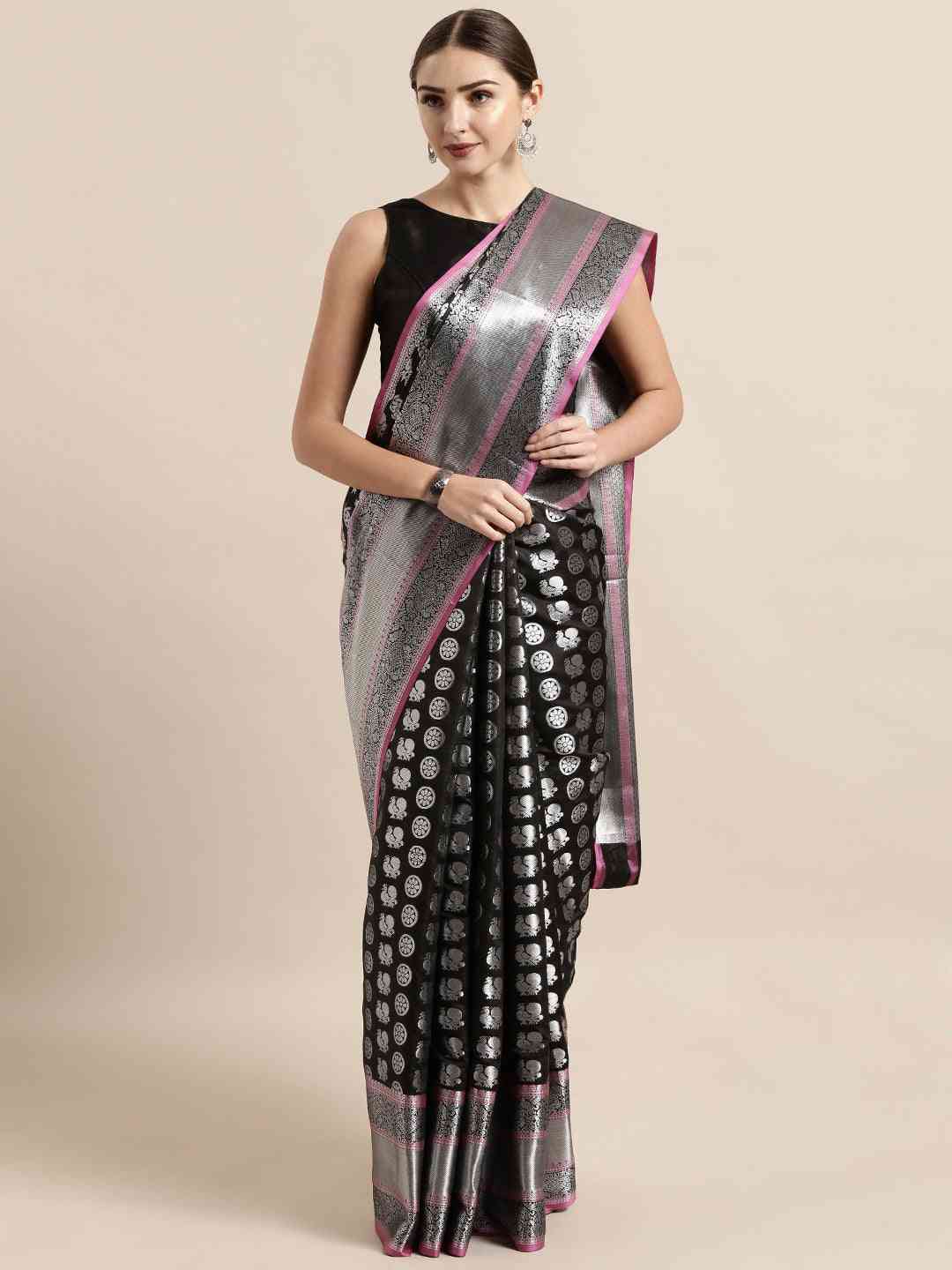 Kanjivaram Silk Black Colour Zari Woven Design Saree
