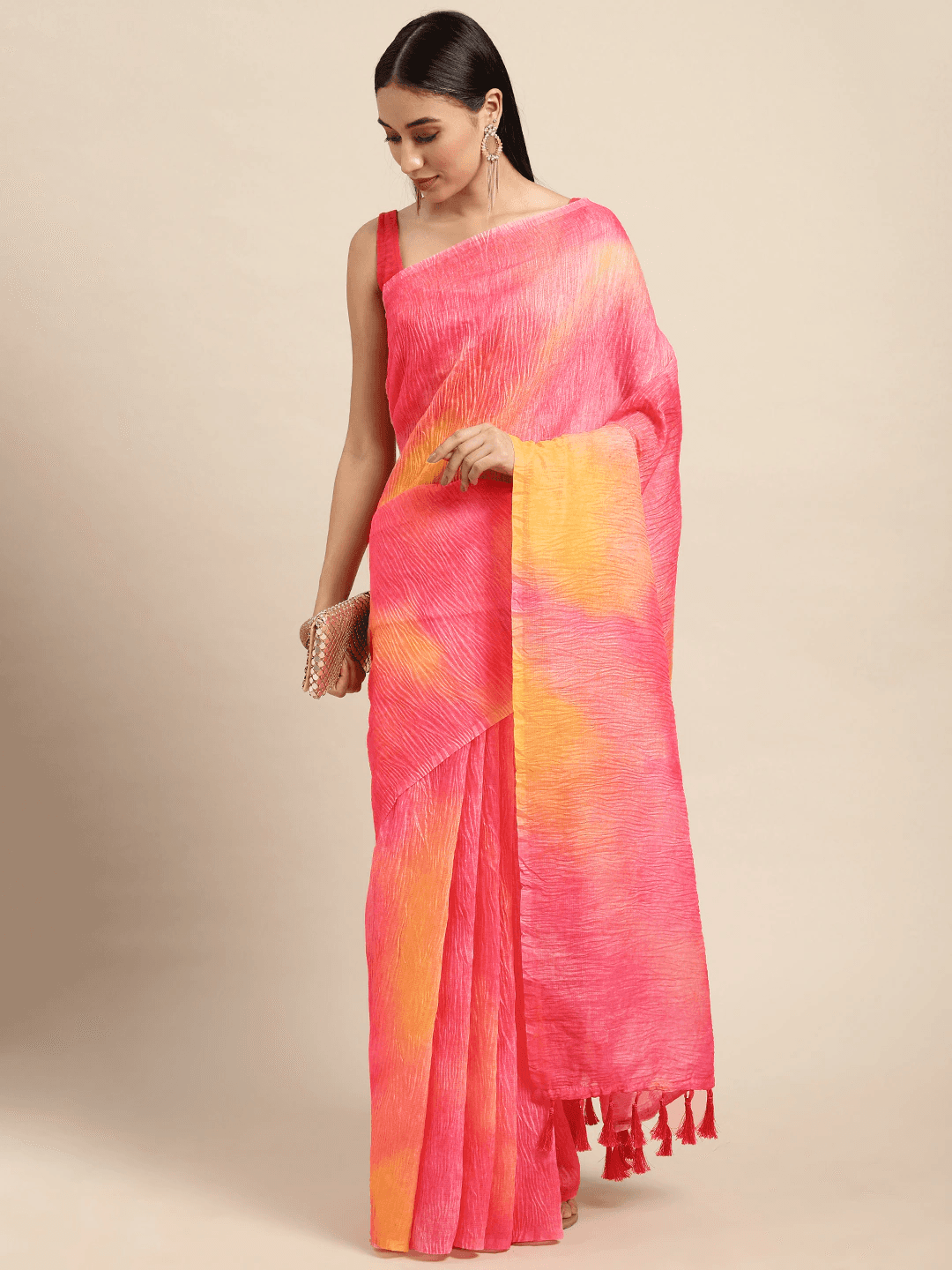 Bollywood Design Pink Colour Soft Linen Crush Saree