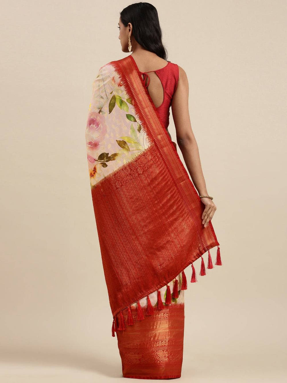 Red Colour Digital Floral Print Pattu Banarasi Silk Saree