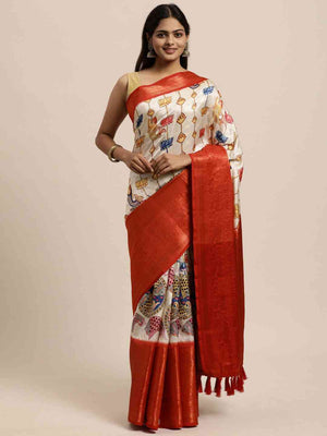 Beautiful Kalamkari Zari Work Silk Blend Kanjivaram Saree