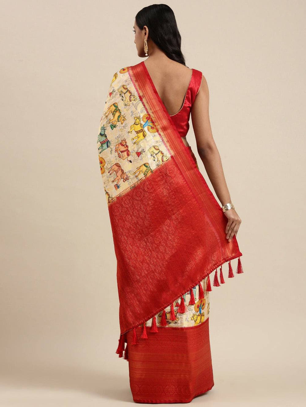 Beige Colour Digital Kalamkari Print Pattu Banarasi Silk Saree