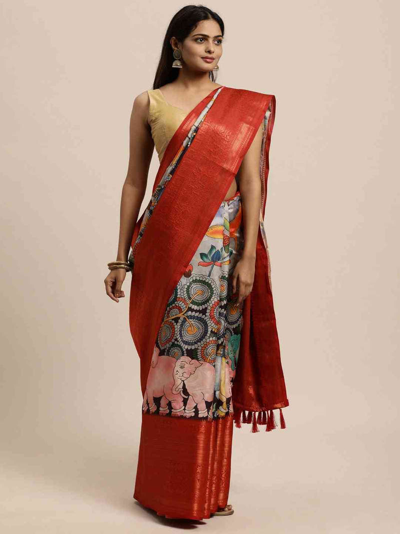 Grey Colour Kalamkari Zari Work Silk Blend Kanjivaram Saree