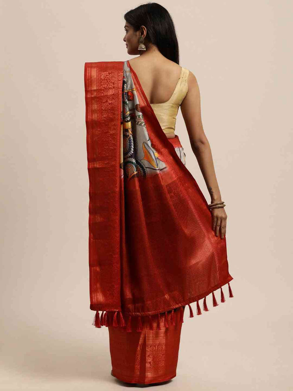 Grey Colour Kalamkari Zari Work Silk Blend Kanjivaram Saree