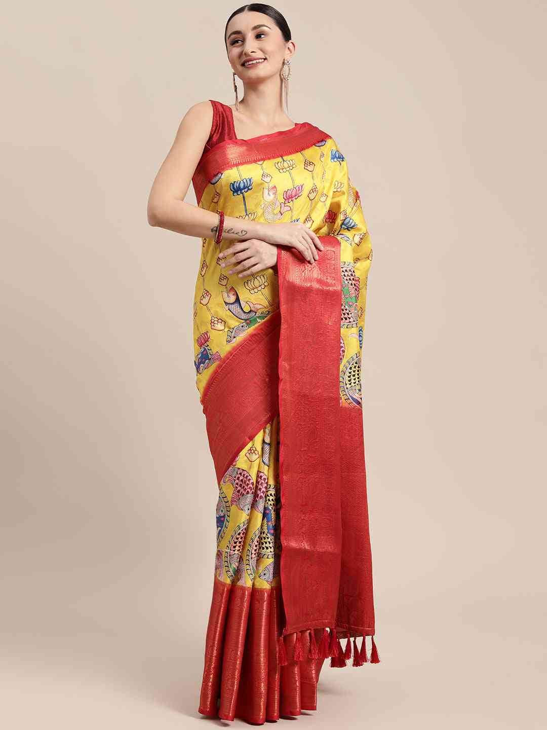 Digital Yellow Kalamkari Print Pattu Banarasi Silk Saree