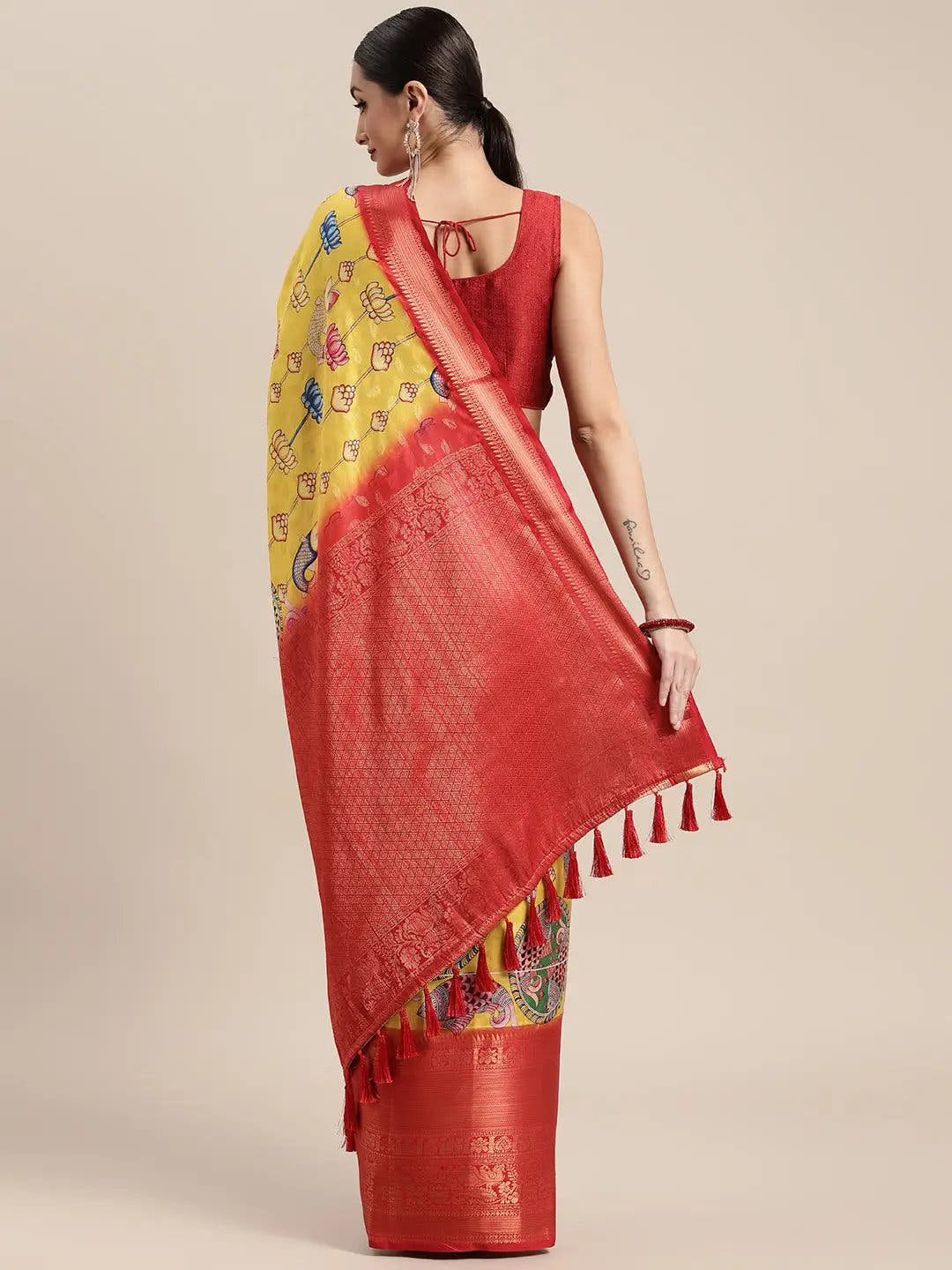 Digital Yellow Kalamkari Print Pattu Banarasi Silk Saree