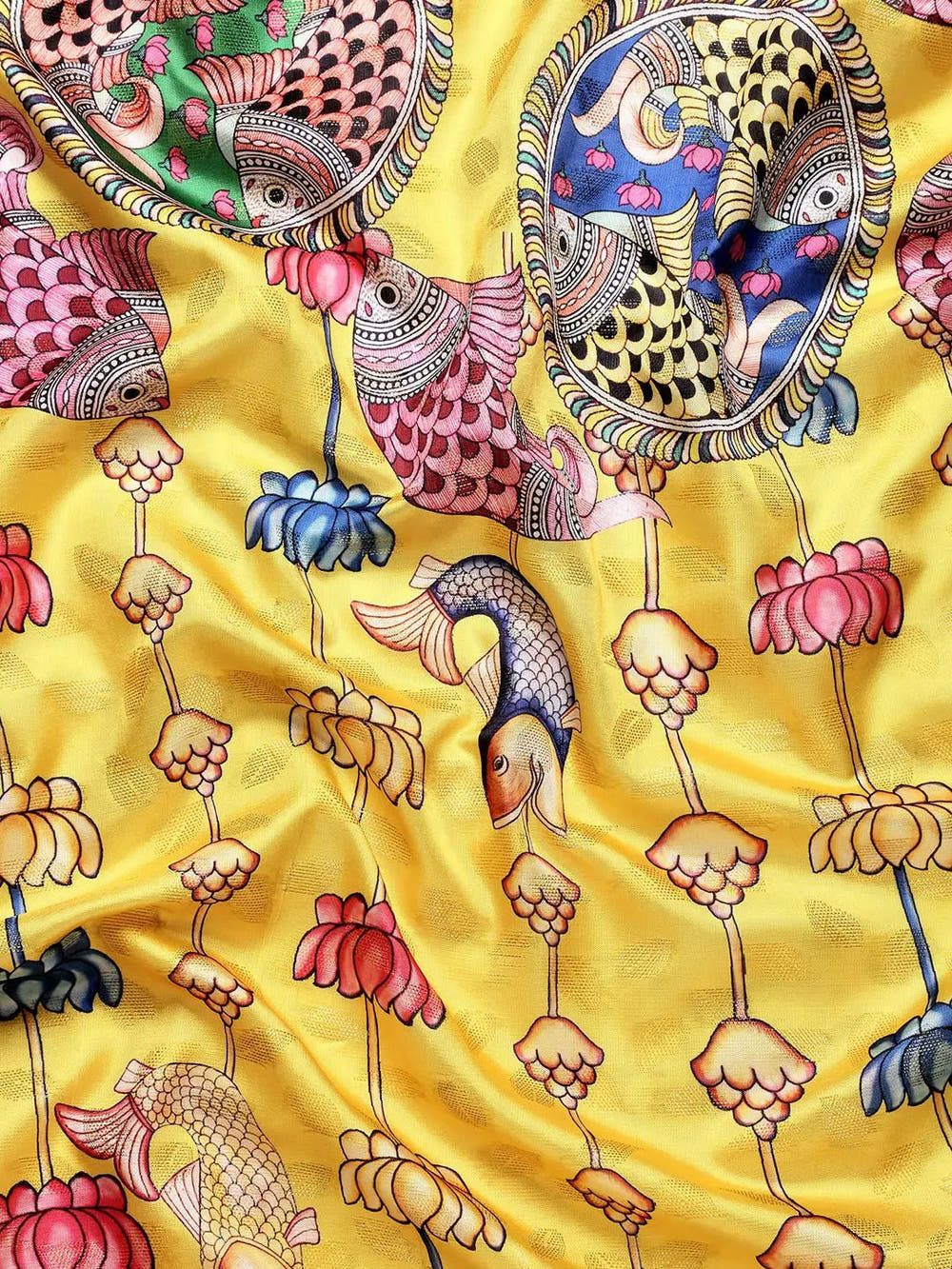 Digital Yellow Kalamkari Print Pattu Banarasi Silk Saree