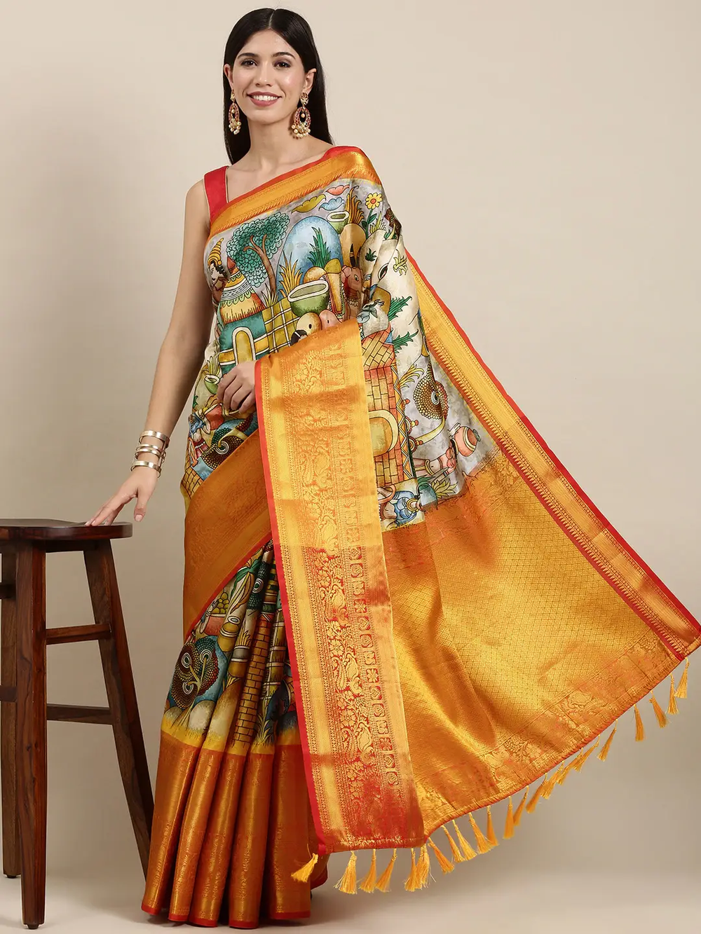 Village Kalamkari Print Kanchi Pattu Silk Saree