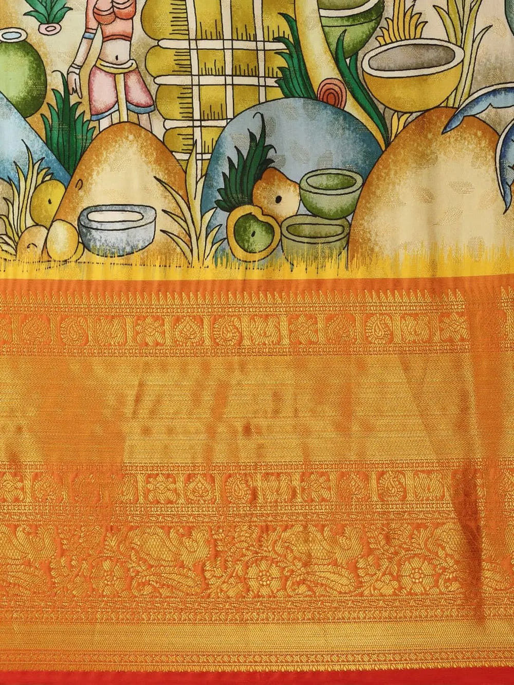 Village Kalamkari Print Kanchi Pattu Silk Saree