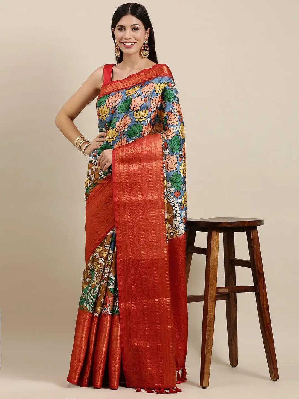 Designer Digital Kalamkari Print Pattu Banarasi Silk Saree