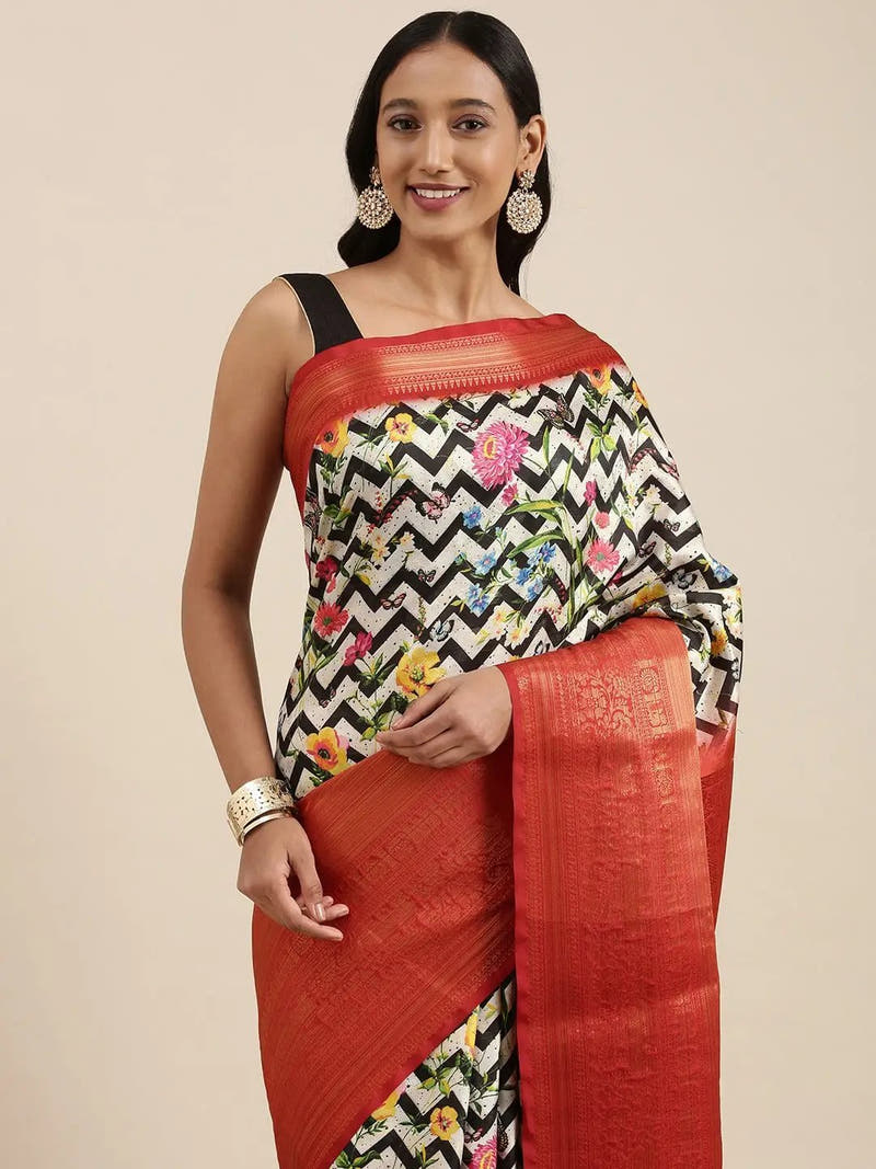 Off White Digital Kalamkari Print Pattu Banarasi Silk Saree