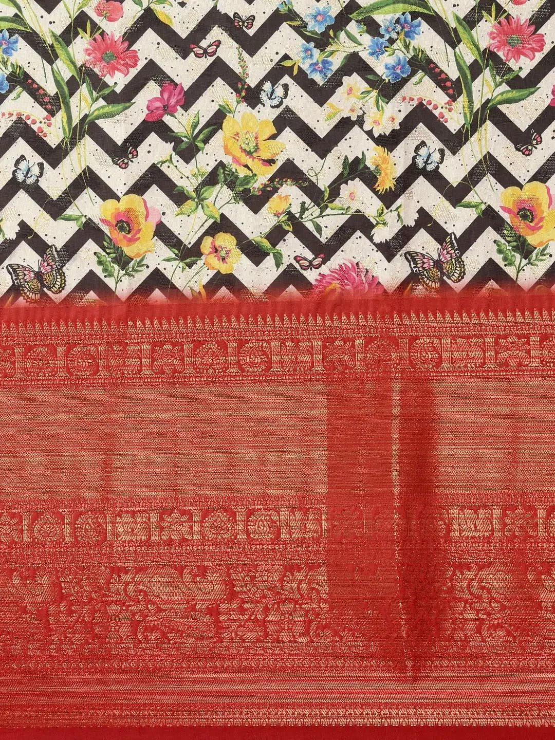 Off White Digital Kalamkari Print Pattu Banarasi Silk Saree