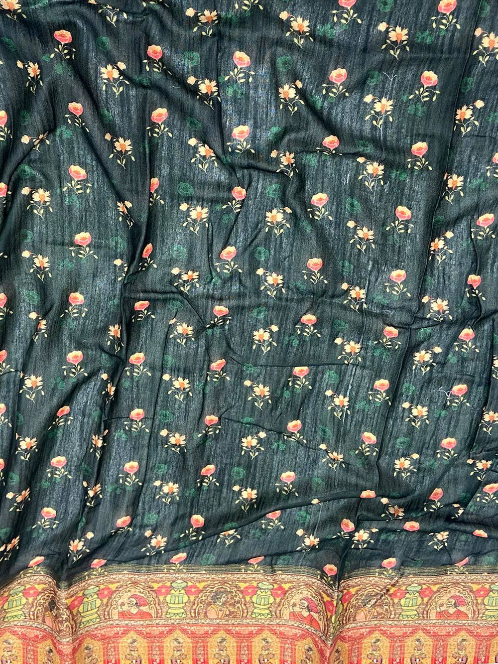 Dark Green Aari Pashmina Print Linen Saree