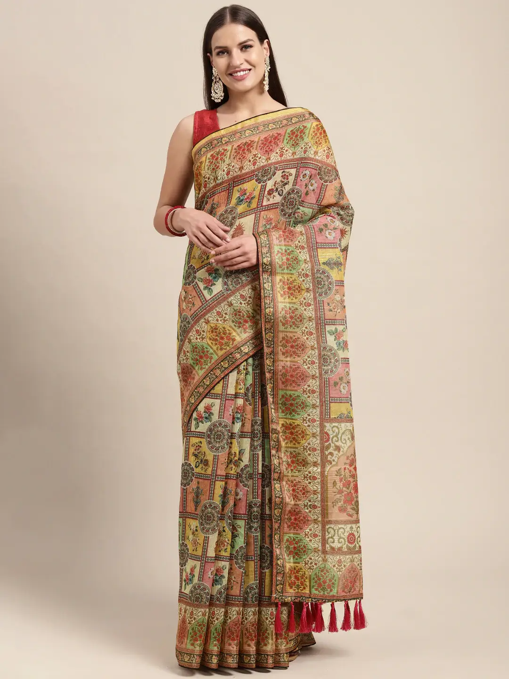 Soft Linen Mughal and Kalamkari Print Party Wear Saree