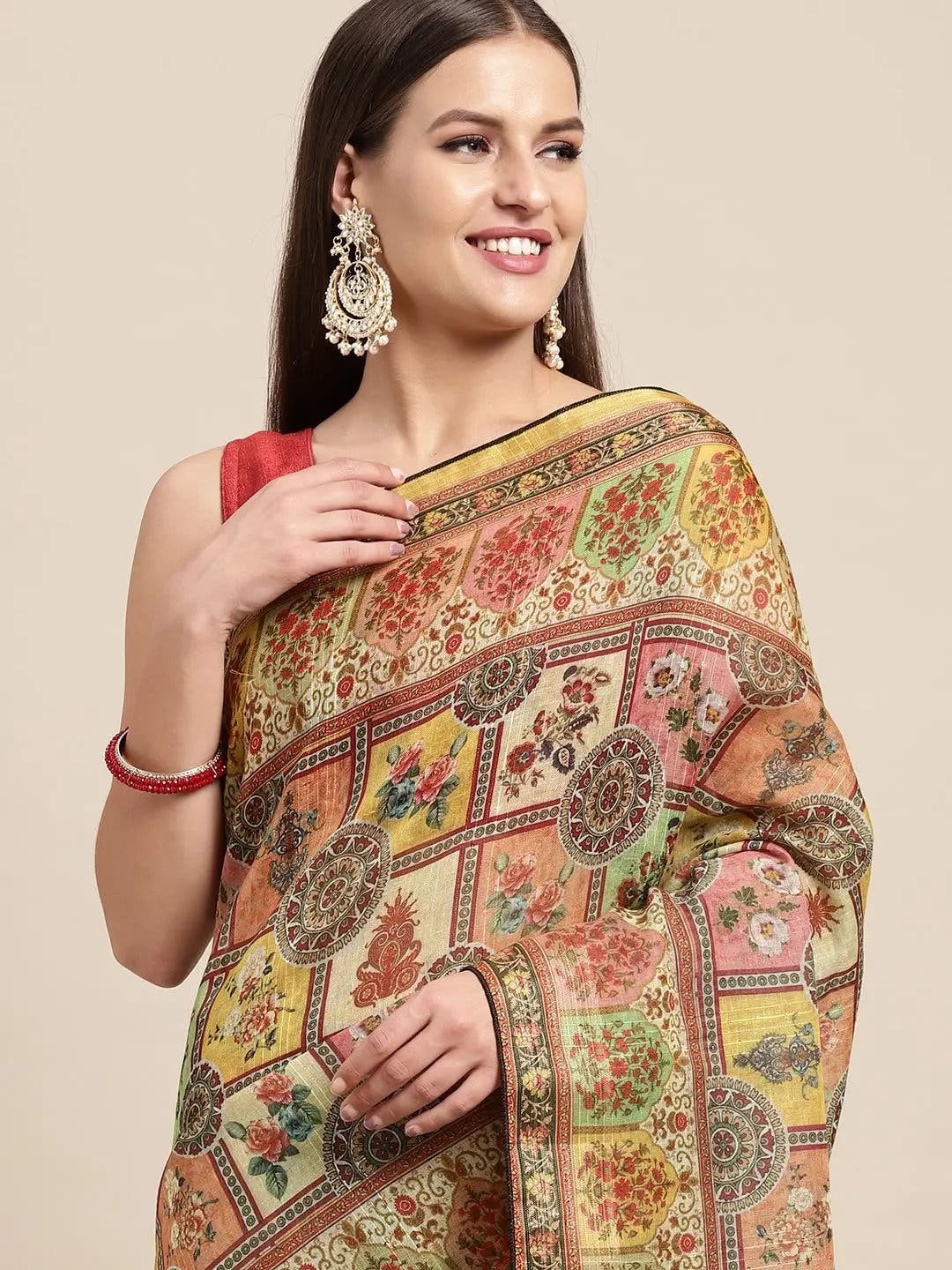 Soft Linen Mughal and Kalamkari Print Party Wear Saree
