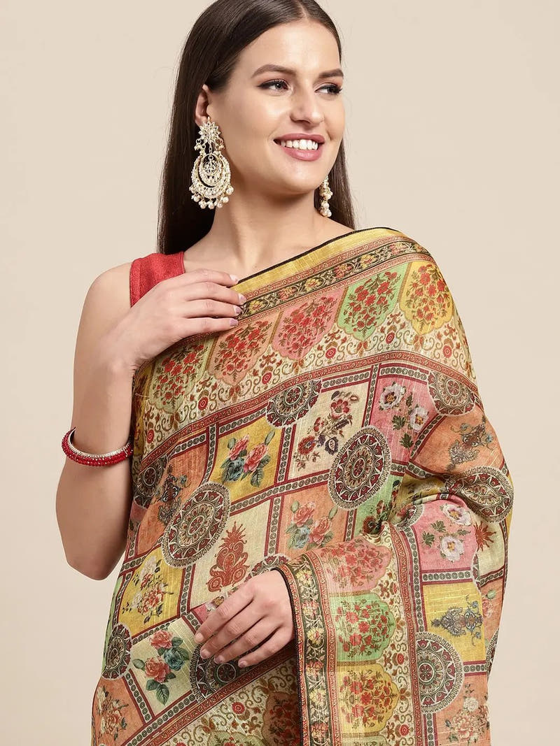 Soft Linen Mughal and Kalamkari Print Party Wear Saree