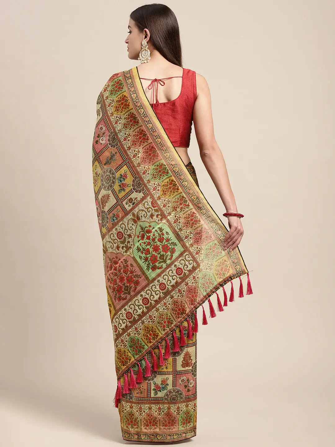 Soft Linen Mughal and Kalamkari Print Party Wear Saree