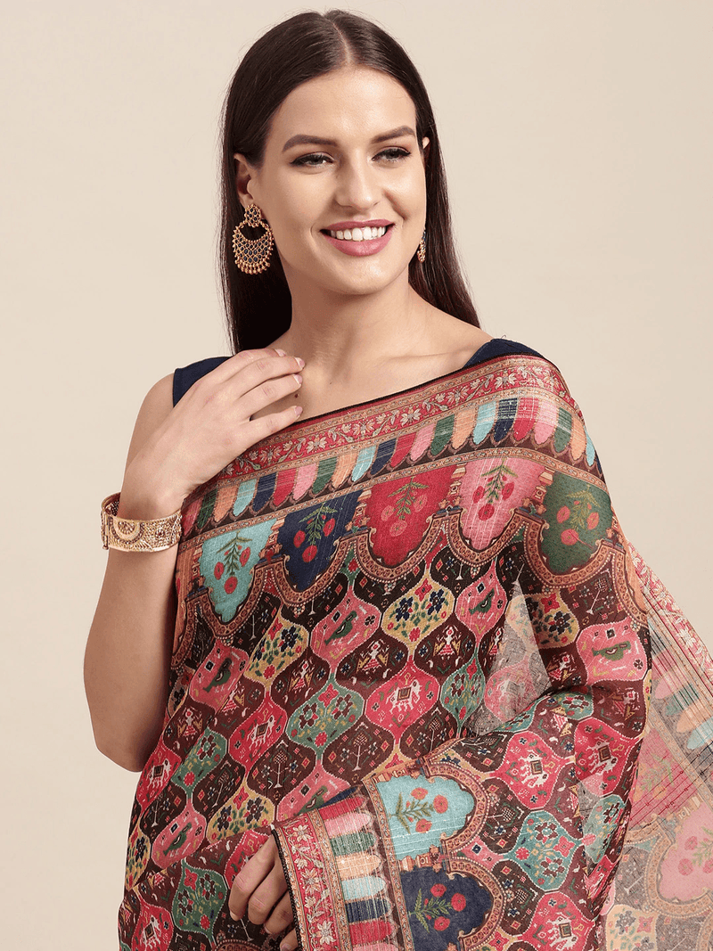 Soft Linen Mughal and Kalamkari Print Saree