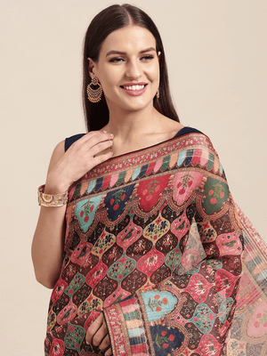 Soft Linen Mughal and Kalamkari Print Saree