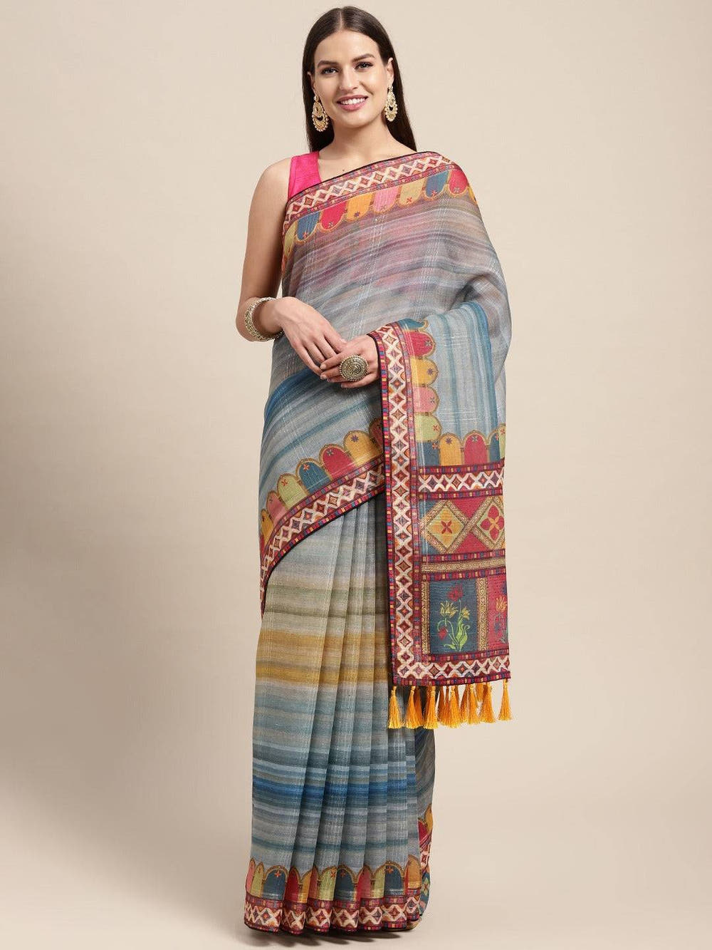 Soft Linen Mughal Print & Sequence Work Party Wear Saree