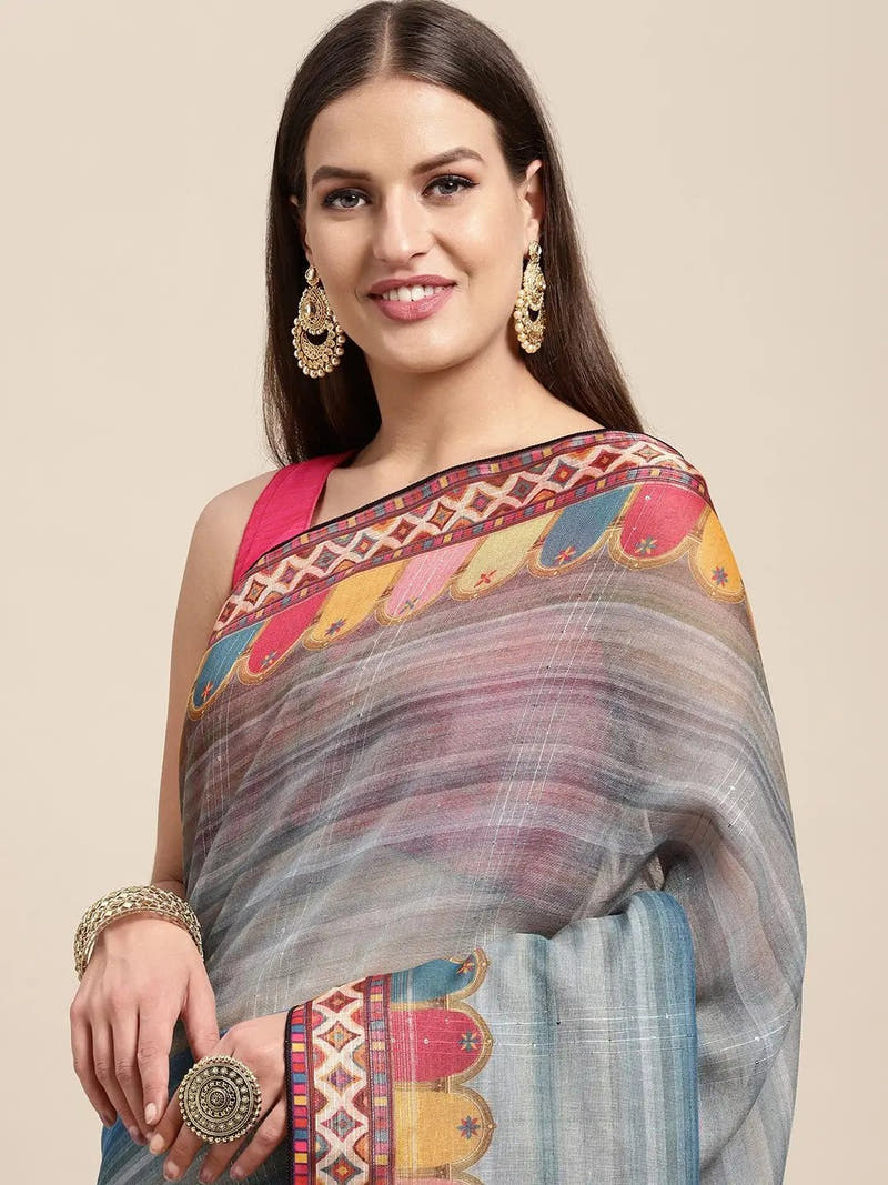 Soft Linen Mughal Print & Sequence Work Party Wear Saree