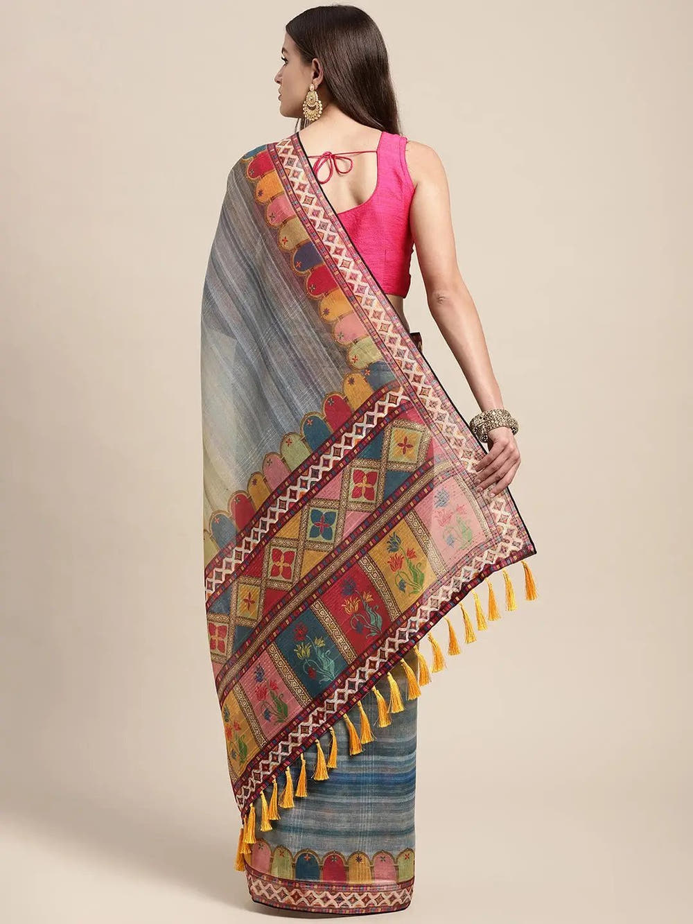 Soft Linen Mughal Print & Sequence Work Party Wear Saree