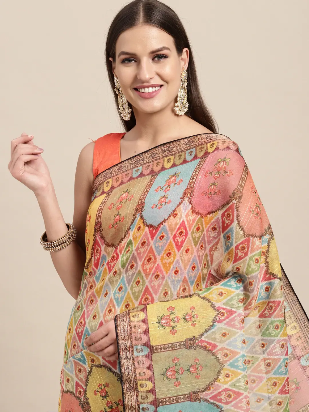 Soft Linen Mughal Print & Sequence Work Party Wear Saree