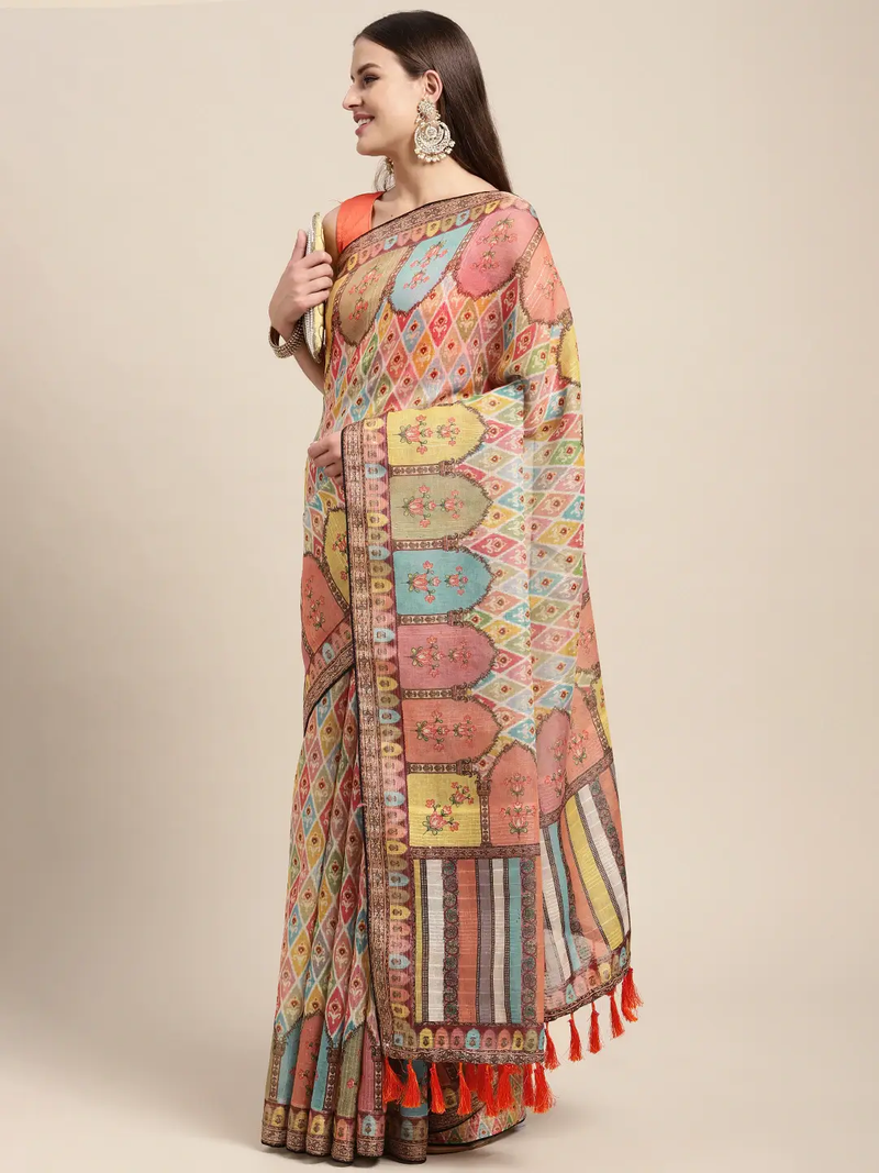 Soft Linen Mughal Print & Sequence Work Party Wear Saree