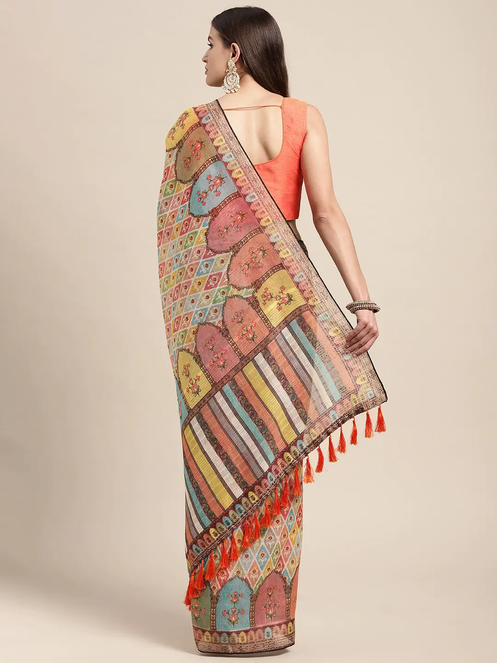 Soft Linen Mughal Print & Sequence Work Party Wear Saree