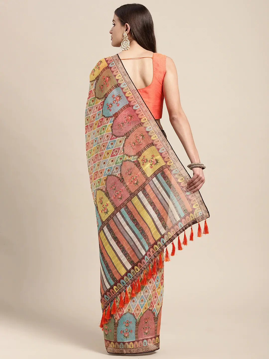 Soft Linen Mughal Print & Sequence Work Party Wear Saree