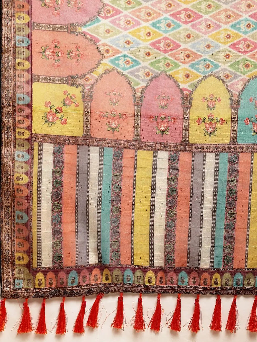 Soft Linen Mughal Print & Sequence Work Party Wear Saree