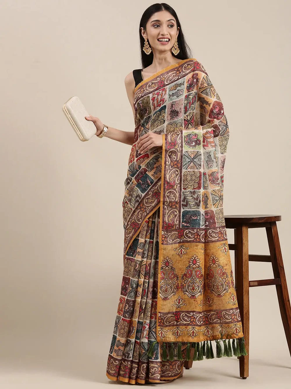 Multi Colour Soft Linen Kalamkari Block Print Saree