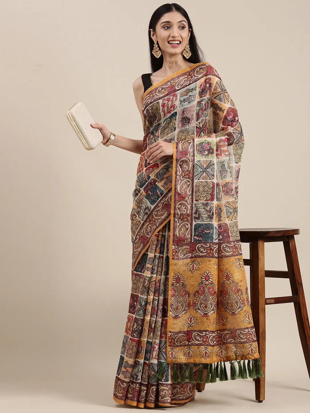 Multi Colour Soft Linen Kalamkari Block Print Saree
