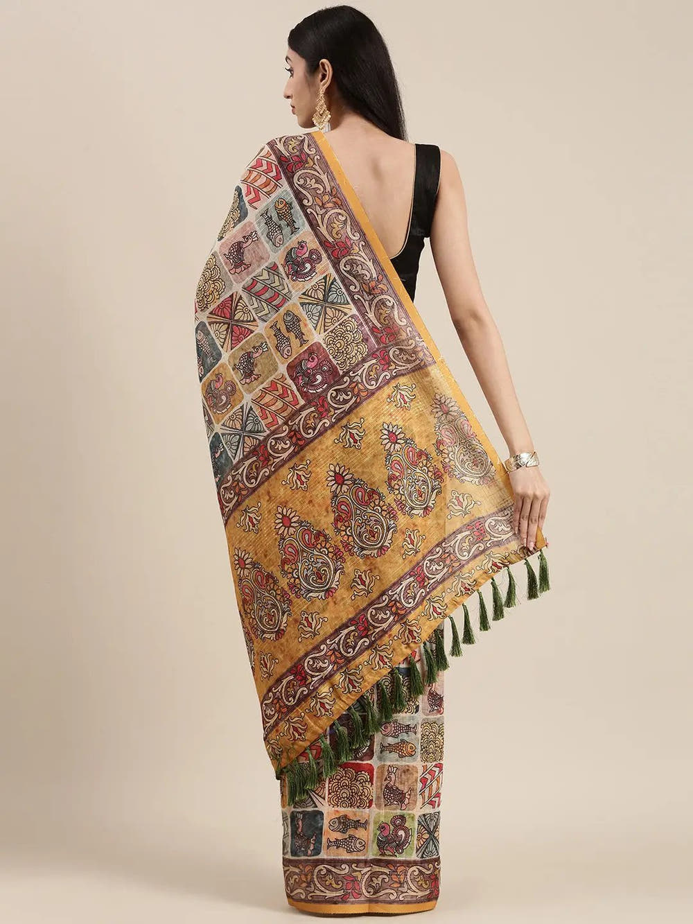 Multi Colour Soft Linen Kalamkari Block Print Saree