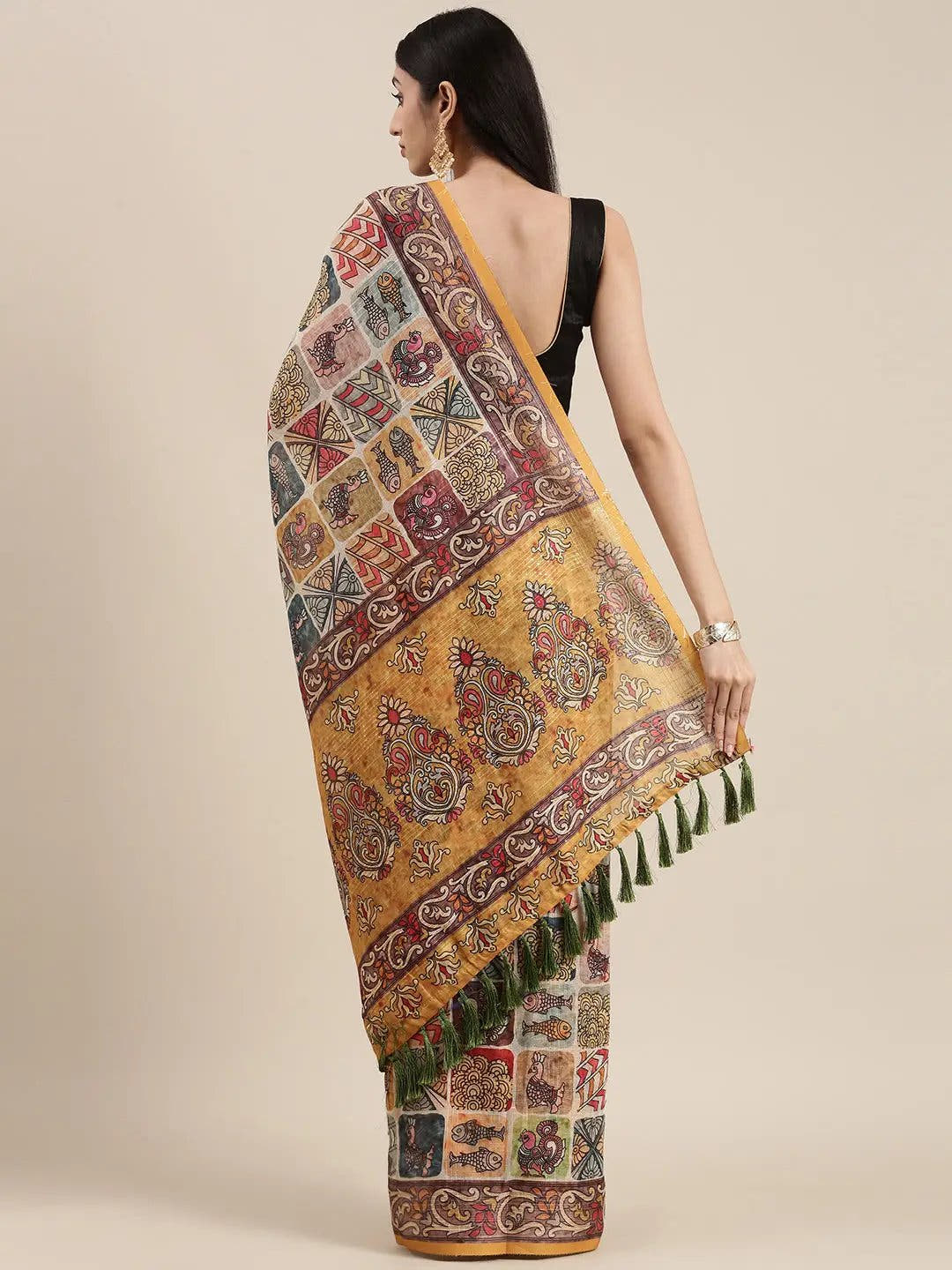 Multi Colour Soft Linen Kalamkari Block Print Saree