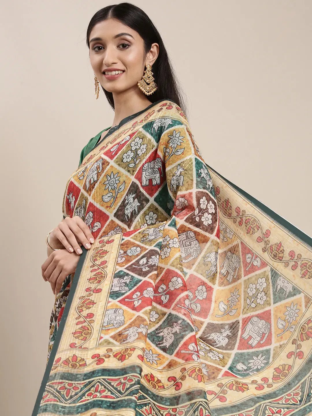 Soft Linen Kalamkari Block Print Party Wear Saree