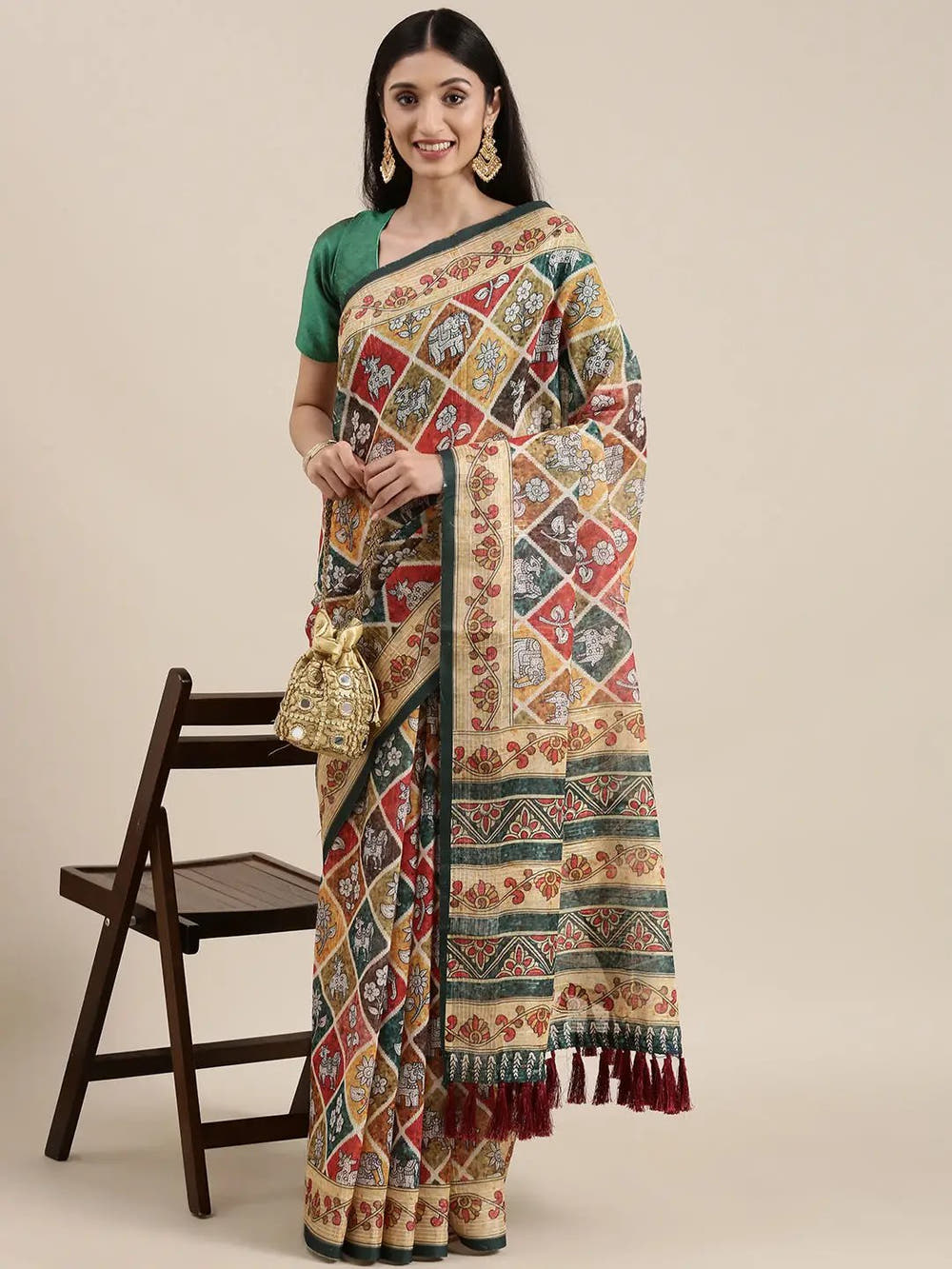 Soft Linen Kalamkari Block Print Party Wear Saree