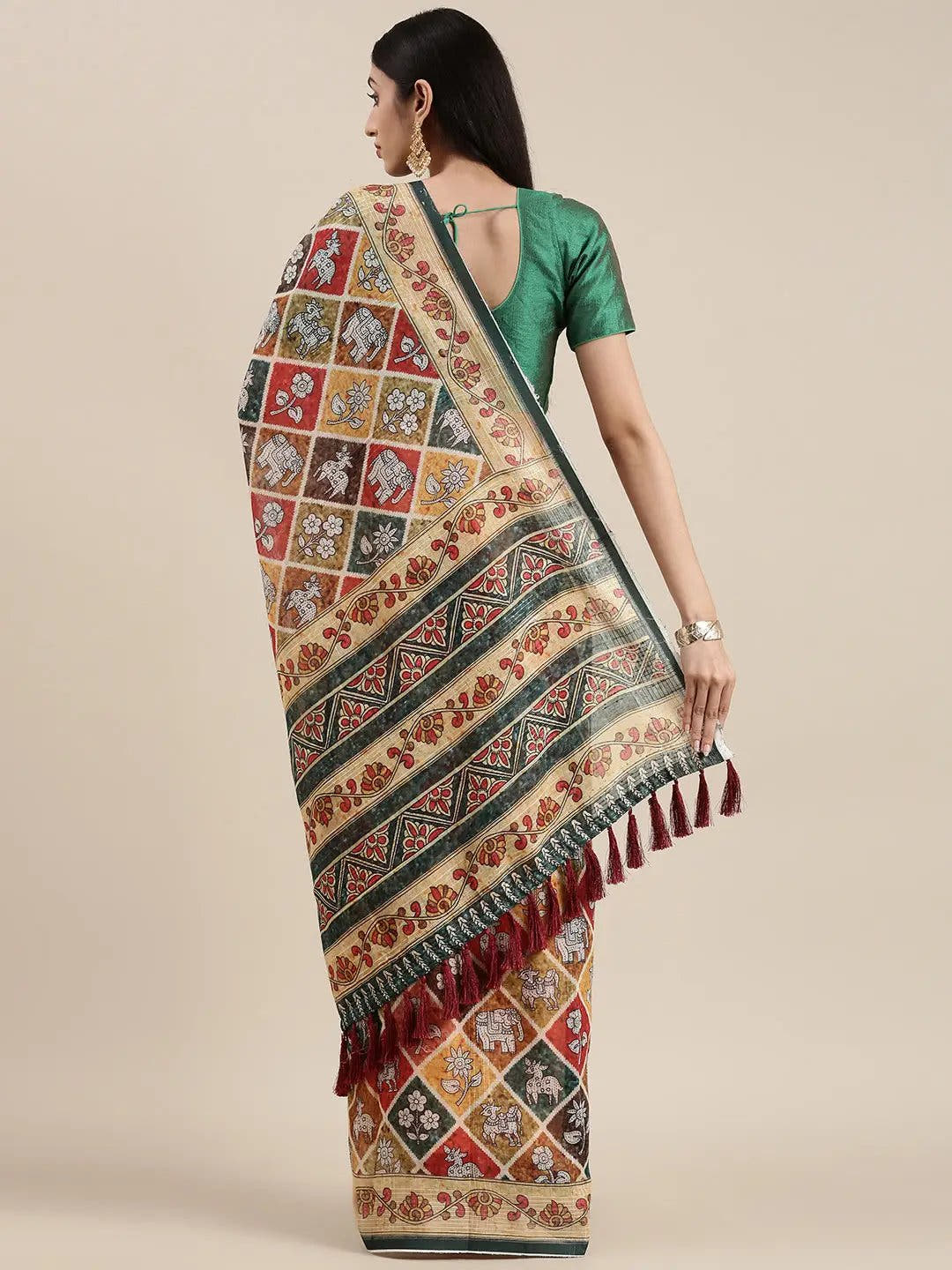 Soft Linen Kalamkari Block Print Party Wear Saree