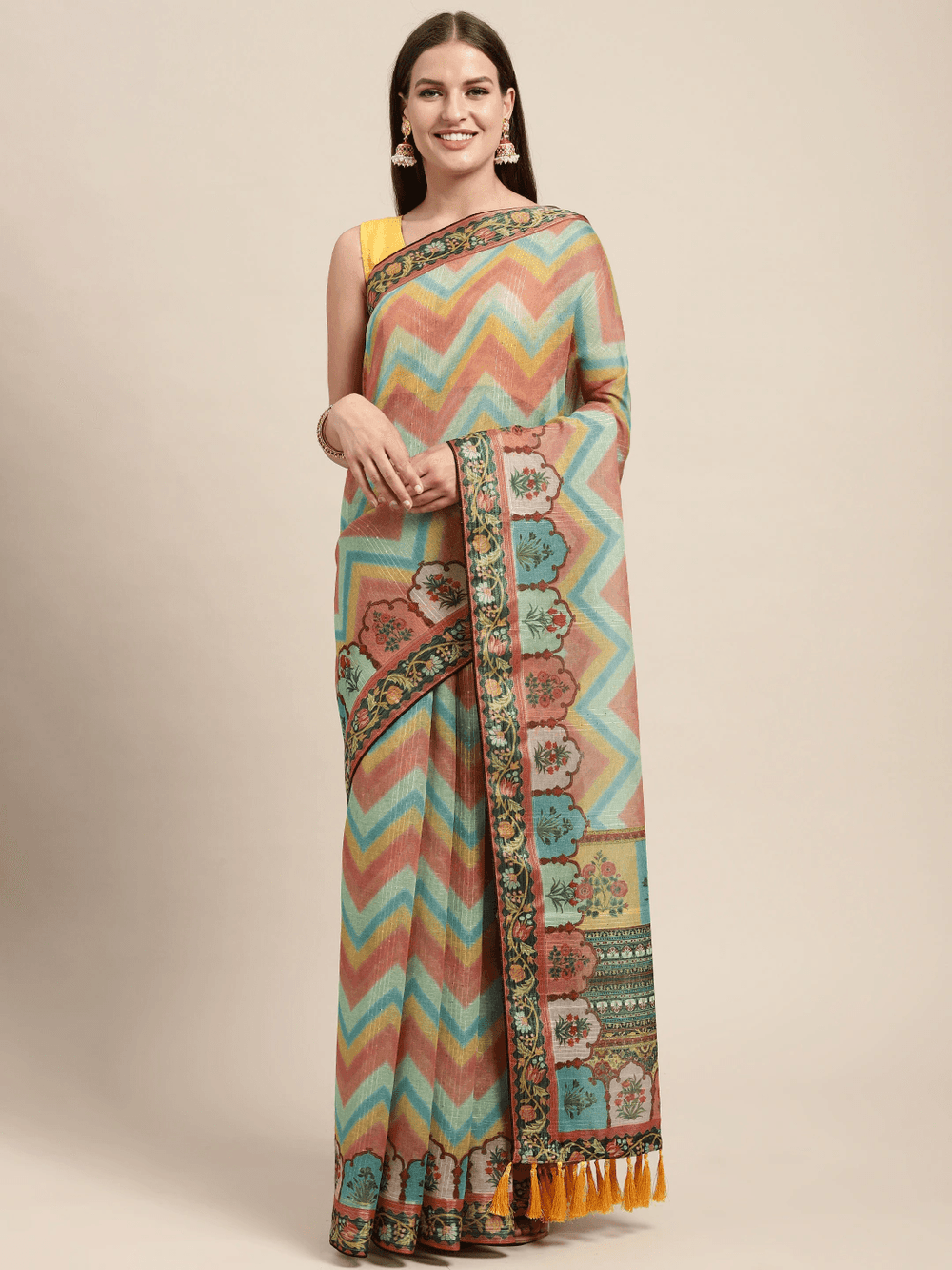 Soft Linen Kalamkari Print & Sequence Party Wear Saree