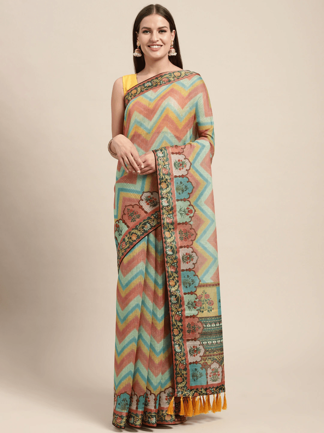 Soft Linen Kalamkari Print & Sequence Party Wear Saree