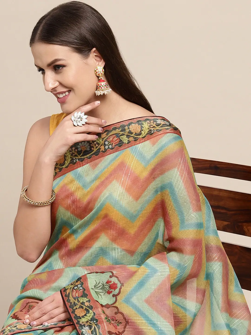Soft Linen Kalamkari Print & Sequence Party Wear Saree