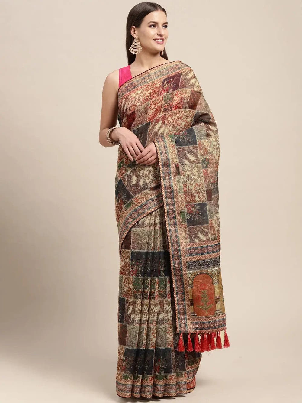 Soft Linen Mughal Print & Sequence Work Saree