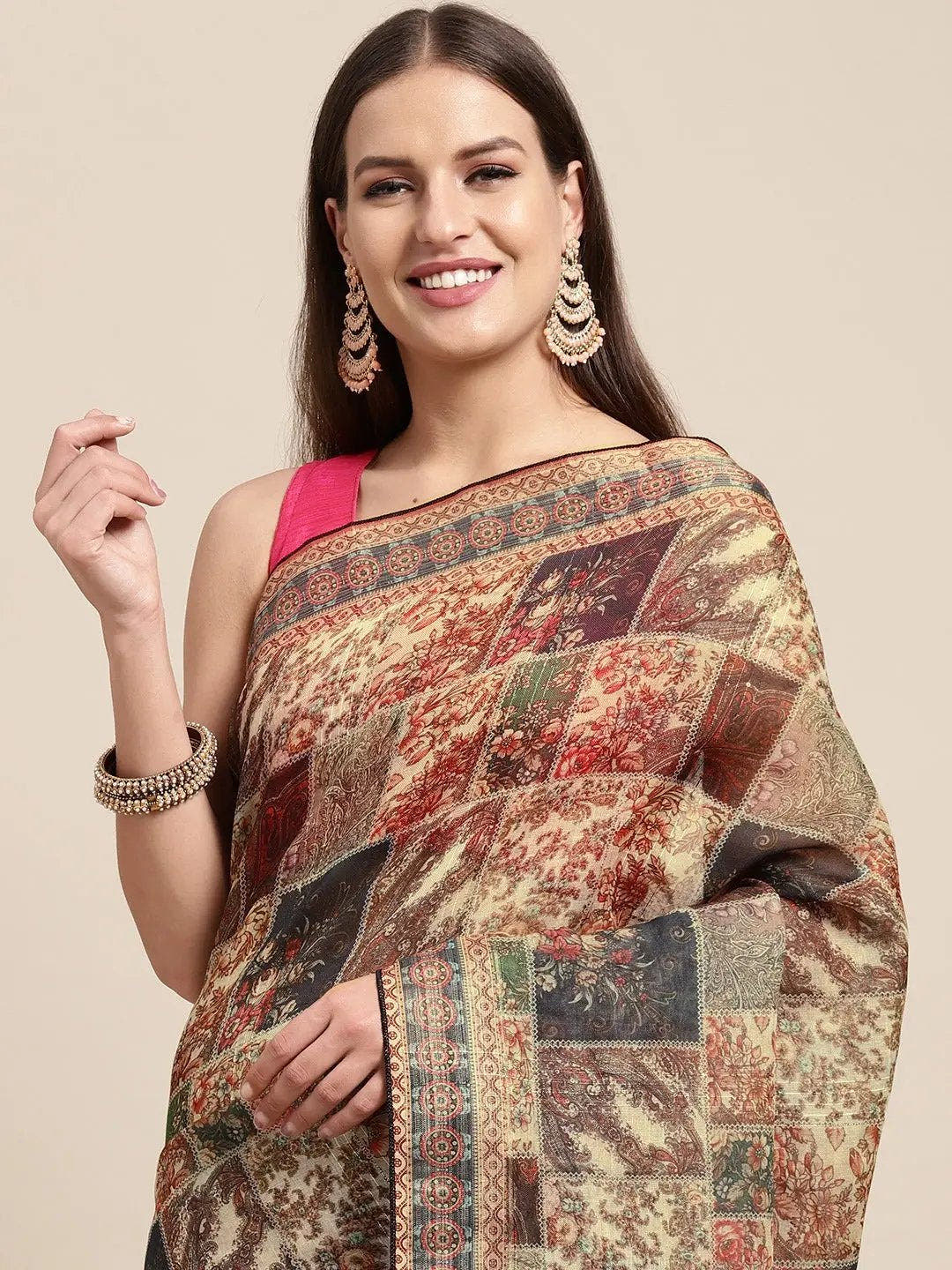 Soft Linen Mughal Print & Sequence Work Saree