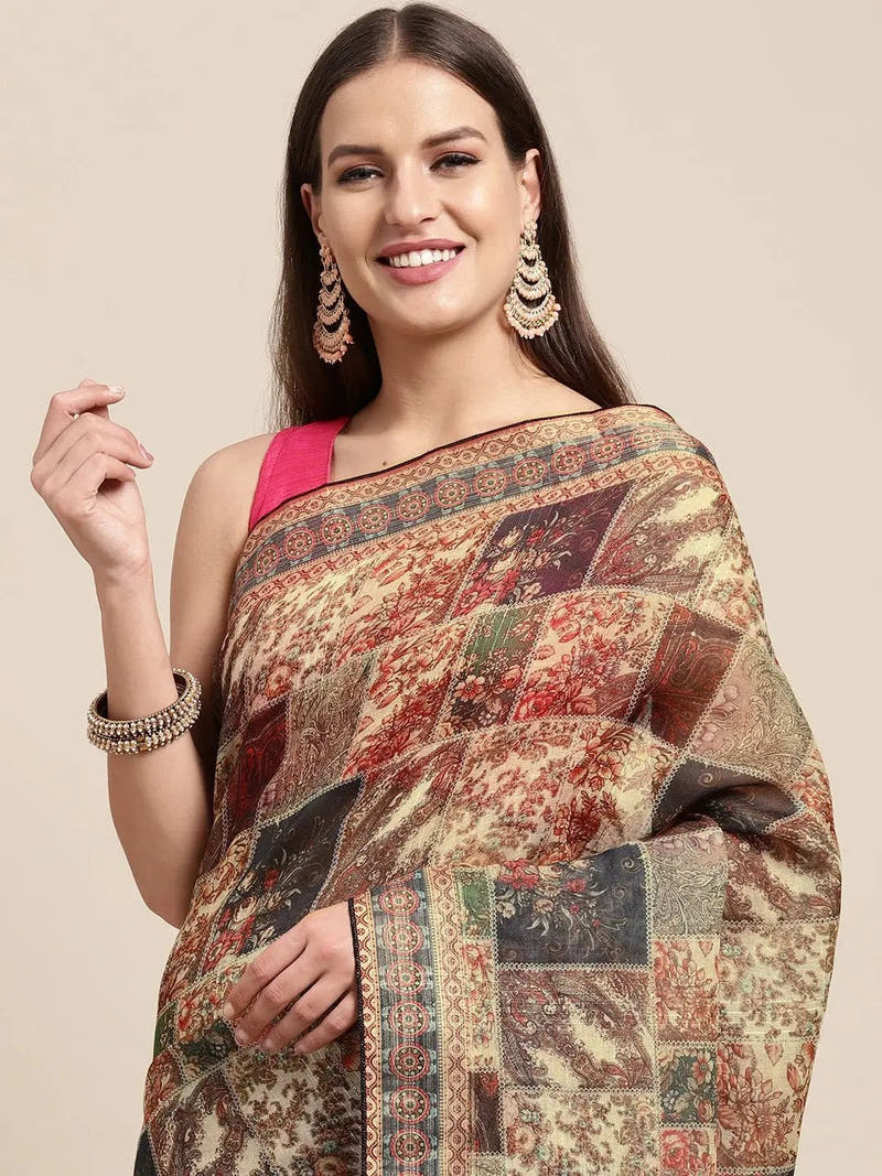 Soft Linen Mughal Print & Sequence Work Saree